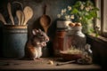 mouse in kitchen looking window, illustration Generative AI