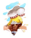 A mouse in a knitted yellow sweater and brown jeans is siting on a branch, reading a book and dreaming