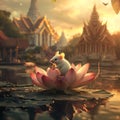 Mouse on a lotus flower in a serene, enchanting landscape