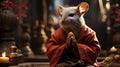 Mouse in the monk mantle praying in the temple