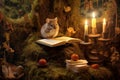 Mouse among moss and leaves reads a book by candlelight.