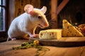mouse nibbling on cheese left on a rustic wooden kitchen table