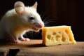 mouse nibbling on a chunk of cheese on a wooden table
