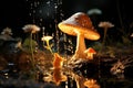 Mouse nibbling on fly agaric mushroom in dark forest with ancient trees and glowing fungi Royalty Free Stock Photo