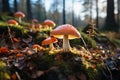 Mouse nibbling on fly agaric mushroom in dark forest surrounded by ancient trees and glowing fungi Royalty Free Stock Photo