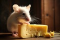 mouse nibbling on a piece of cheese on a wooden table