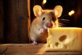 mouse nibbling on a piece of cheese on a wooden table
