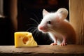 mouse nibbling on a piece of cheese on a wooden table