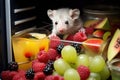 a mouse nibbling on a piece of fruit in a fridge drawer