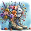 Mouse In Old Boot With Wildflower Bouquet Royalty Free Stock Photo