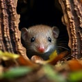 A mouse peeking out of a hole in a tree trunk