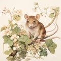 Classical Realism: Detailed Depiction Of Mouse On Branch With White Flowers Royalty Free Stock Photo