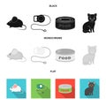 Mouse, pet leash, pet food, kitten. Cat set collection icons in black, flat, monochrome style vector symbol stock Royalty Free Stock Photo