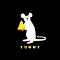 Mouse with piece of cheese white silhouette on black background. Yummy.