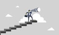Man using monocular and climbing up stairs to looking for job or work. Royalty Free Stock Photo