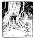 Mouse Postman Delivering Mail to House in Tree vintage illustration