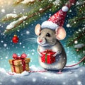 A mouse with presents under a tree and falling snowflakes