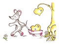 Mouse pulls wheelbarrow with the cheese heart