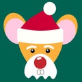 Mouse Santa Claus. Portrait of a cute rat mouse in a red hat and Santa Claus beard on a green background with big eyes and small Royalty Free Stock Photo