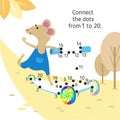 Mouse on scooter. Dot to dot. Connect dots from 1 to 20. Game for children. Vector illustration.