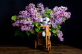 A mouse sits on a bicycle with a bouquet of lilacs close-up.