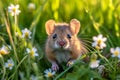 The mouse sits in the grass with daisies in the meadow. Selective focus. AI generated. Royalty Free Stock Photo