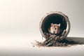 A mouse sitting inside a sewer pipe. Space for text. Royalty Free Stock Photo