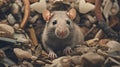 A mouse is sitting in a pile of rocks, AI