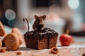 A mouse is sitting on top of a chocolate cake, AI