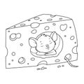 Mouse sleeping in cheese coloring page. Black and white cartoon illustration