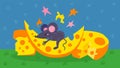 Mouse sleeping on cheese vector illustration flat style. Cute little cartoon mouse fluffy rodent animal character lying Royalty Free Stock Photo
