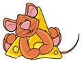 Mouse sleeping and hugging one piece of cheese