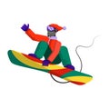 Mouse - Snowboarder in a sports winter suit makes a snowboard jump from a mountain slope and shows class sign with hand