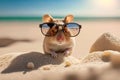 Happy mouse in sunglasses stands on the beach and sunbath, created with Generative AI technology