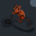 Mouse sweeps broom, cleaning territory, character on dark gray b