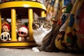 mouse trapped in cats toy, cat observing