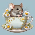 Mouse in a Vintage Teacup With Daisies