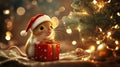 A mouse wearing a tiny Santa hat, holding a gift under a sparkling tree. . Royalty Free Stock Photo