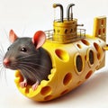 Mouse in a yellow cheese submarine. Royalty Free Stock Photo