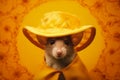 a mouse in a yellow dress hat, being stylish and fashioned