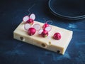 Mouses made from red radish on emental swiss cheese. Royalty Free Stock Photo