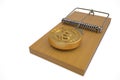 Mousetrap with bitcoin on white background 3D illustration.