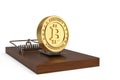 Mousetrap with bitcoin on white background 3D illustration.