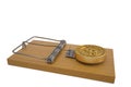 Mousetrap with bitcoin on white background 3D illustration.