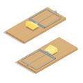 Mousetrap with cheese Flat 3d vector isometric illustration. Realistic mousetrap closeup isolated on white background