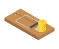 Mousetrap and money. Mouse trap and gold coin. Concept business deception