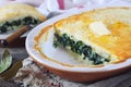 Moussaka. Potato casserole gratin with spinach. Greek cuisine