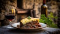 Moussaka On Stone, Blurred Background, Rustic Pub. Generative AI Royalty Free Stock Photo