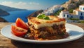 Moussaka on the table against the background of the sea dinner elegant Royalty Free Stock Photo