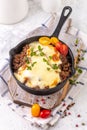 Moussaka. Traditional Greek dish. Chopped beef or lamb meat baked with eggplants Royalty Free Stock Photo